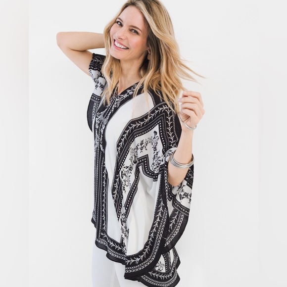 Chico's Tops - Chico’s Bordered Chianti Poncho Blouse Size Small Medium Black White Floral.  6